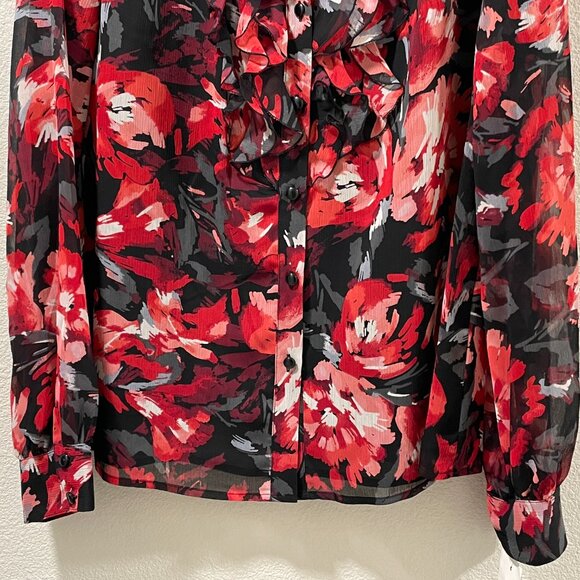 NWT JM COLLECTIONS "Savoir Faire" Ruffle Front Blouse Red/Black Floral Women 16 - Picture 6 of 11